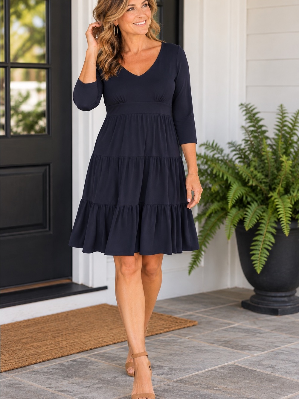 LOFT Navy V-Neck Tiered Midi Dress